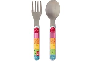 sigikid, 24870 Enfant Mixte Couverts de Table Fourchette + Cuillère, Inox et Plastique ABS, Rainbow Rabbit Multicolore, 14 cm