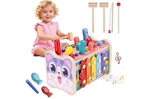 Farnirvana Jouet Montessori 1 an, 5 en 1 Jouet Xylophone Bebe, Jeu De Taupe, Jeu Pêche,Jeux d'engrenage, Jeu Motricité Fine Développement Cadeau pour Cadeau Enfant 1 2 3 Ans Garcon Fille Anniversaire