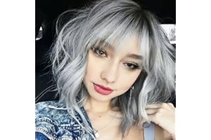 BESTUNG Pelucas cortas grises onduladas con flecos para mujeres Pelucas grises con flequillo Peluca Bob Cabello sintético con raíces oscuras Onda de agua Natural Buscando diario y fiesta (10 pulgadas)