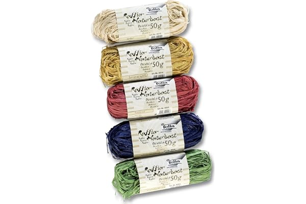 Folia Raffia 901009 Lot de 5 Paquets de 50 g de Raphia Naturel, Couleurs Assorties – Idéal pour Le Bricolage ou pour Les compositions Florales, Les Bouquets et Autres travaux Floraux