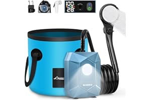 WADEO Ducha de Camping con batería, Bomba e iluminación, 120 Minutos de autonomía, Set de Ducha móvil con Manguera de 2 m y Cubo de Ducha para el jardín, Lavado de Coches, Mascotas, Playa y Viajes