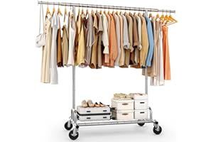 HOKEEPER Heavy Duty Clothes Rail 182kg (400lbs) Capacity, Extendable Hanging Rack with Lockable Wheels & Shelves, Space Saving for Bedroom, Apartment, Laundry Room