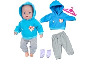 XERTEAM Baby Puppen Puppenkleidung 35-43 cm, Kleidung Outfits für Baby Puppen, 1 Animal Element Kapuzensweatshirt+ 1 graue Hose + 1 Paar Socken +1 Hänger, Puppenkleidungsset Geschenk für Kinder Mädchen Jungen