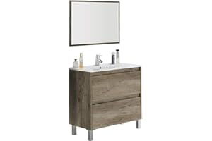 Abitti Mueble Lavabo de baño o Aseo con lavamanos de cerámica y Espejo Incluido, 2 cajones y Cierre amortiguado Color Roble Nordik 80x80x45cm