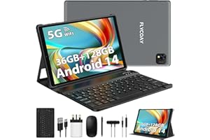 FLYCOAY Newest Android 14 Tablet 10 Inch, Octa-Core 2.0 GHz, 36GB RAM+128GB ROM(1TB TF) 5G+2.4G WiFi, 1920 * 1200 FHD, BT 5.0, GPS, 8000mAh, Metal Body, Tablet with Keyboard & Mouse, Gray