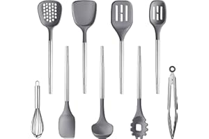 CAROTE 9PCS Kitchen Utensils Set, Silicone Kitchen Utensils Set with Stainless Steel Handle for Non-Stick Cookware Set, BPA-Free Gadgets, Dishwasher Safe, Grey