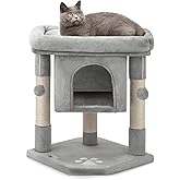 Lionto Scratching Tree with Cave, Bed and Sisal, 60 cm, Light Grey | Compact tree with large bed, two balls and cave for clim