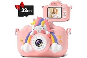 Hangrui Appareil Photo Enfant,2.0 Pouces Appareils Photos Numériques pour Enfants,20MP/1080P HD Mini Caméra Jouet Rechargeable Caméscope,32G, Cadeau pour Filles et Garçons 3-10 Ans-Rose