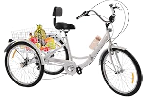 WEIGR 24 Zoll Dreirad für Erwachsene, 7 Gang Dreirad Fahrrad mit Einkaufskorb und Rückenlehne Outdoor-Dreirad für Erwachsene, 3-Rad Erwachsene Dreirad, Senioren Dreirad Faltbares