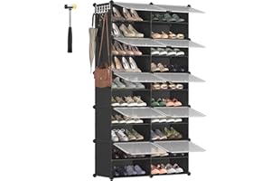 ‎SONGMICS SONGMICS Pojemnik na buty, przyczepiany, plastikowy, modułowy, organizer, do przechowywania, przegrody 10 x 30 x 40 cm, z drzwiczkami, stalową ramą, panelami z plastiku, 10 miejsc, czarny LPC035B01