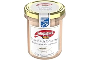 ‎SAUPIQUET RIO MARE Saupiquet Rio Mare Gourmet Thunfisch-Filets Naturale - ohne Öl, Reich an Proteinen, Ganze Filets im Glas, von Hand verarbeitet, das Beste vom Thunfisch, Premium-Filets für besondere Anlässe, 180g