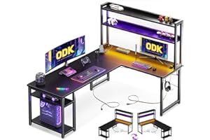 ODK Biurko gamingowe z oświetleniem LED, dwustronne biurko w kształcie litery L z listwą zasilającą, narożne biurko z górną półką na zabawkowe figurki, czarne, 160 x 120 cm