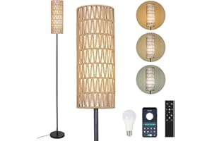 Rayofly Lámpara de Pie de Ratán para Salón, Regulable Con Mando a Distancia y Control por App, Estilo Boho Con Pantalla de Ratán y Lino, Negra (Bombilla Incluida)