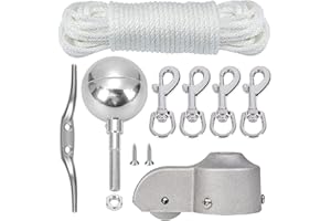 ZINUEEN Juego de accesorios para mástil de bandera, color plateado, juego completo de reparación con bola, cuerda, corbata, mosquetón y topper de aluminio con polea, piezas de repuesto para mástil de bandera