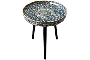 Simmer Stone Round Outdoor Side Tables with Detachable Wooden 3 Legs, Versatile Tray Table, Perfect For Round Coffee Table Tea, and Relaxation Time 17.7 Inch (Blue Maze)