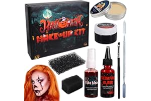 PQETBV Sangre Falsa Maquillaje Kit de Halloween, 3 Sangre Falsa de Halloween + Cera Cicatricial + Cabeza de Goma Mixta de Doble Cabeza + Cepillo de Maquillaje + 2 Cepillo de Esponja, Herramienta de Halloween