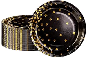 BOKFJBP 50Pcs Paper Plates 9 inch, Black and Gold Foil Polka Dots 23cm Dinner Disposable Plate Tableware for NWE Year Christmas Wedding Children's Birthday Camping Picnics All Occasions