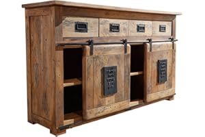 ‎MASSIVMOEBEL24.DE Massivmoebel24.de | Railway breite Kommode aus Massivholz #120 | aus Mangoholz - Natur, lackiert | 150x45x90 cm | 4 Fächer, 4 Schubladen - mit Schiebetüren | Sideboard Schrank