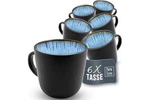 PURE LIVING INTERIOR DESIGN Pure Living Ibiza Zestaw 6 filiżanek z kamionki, stylowy zestaw filiżanek do kawy, nowoczesny, do zmywarki i kuchenki mikrofalowej, zestaw kubków do herbaty i kawy w kolorze głębokiego turkusu