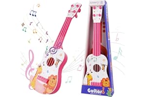 Lotvic Kids Ukulele Guitar Toy, 41cm Guitar Musical Toy, Ukulele Instrument with 4 Ajustable Strings, Music Learning Educational Guitar, Cartoon Mini Guitar for Toddlers Children Kids Boys Girls(Pink)