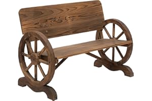 Outsunny Wooden Cart Wagon Wheel 2 Seater Garden Bench Outdoor Chair Rustic High Back Loveseat Burnt Stained