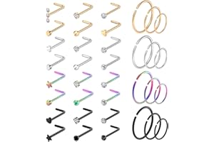 36 Pièces Anneaux de Nez,Kucheed 20G Anneaux de Nez en Acier Chirurgical Cerceau en Forme de L Goujons de Nez Vis de Nez,Boucles D'oreilles Cartilage Helix Bijoux Piercing Nez Lèvres