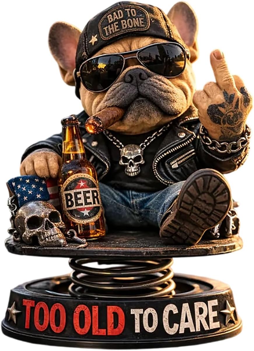 Too Old To Care Dashboard Bobblehead, Easy Placement & Stability, Funny Resin Nodding Head Dog Ornament, Tough Bulldog Bobble Head Figures for Car Dashboard