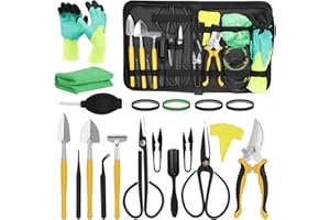 FOONNUN Bonsai Set, 25 Piezas Herramientas De Bonsái, Garden Tool Kit, Herramientas De Jardinería, Incluyen Tijeras De Bonsái, Pinzas, Hilo De Bonsái,Guantes De Jardinería, Mini Rastrillos Y Palas