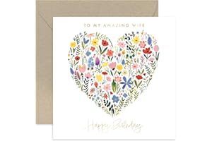 OLD ENGLISH COMPANY Old English Co. Amazing Wife Birthday Card for Her - Floral Heart Painting Gold Foil Card - Cute Birthday Card for Female - Women Birthday Card Gifts - Flower Card | Blank Inside Envelope