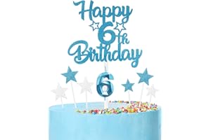 mciskin Happy 6th Birthday Candles Cake Toppers Set, Blue Number 6 Candle for Cake, Girls Boys 6th Birthday Decorations,3D Birthday Number Candles with Silver Star Toppers for Boy Girl