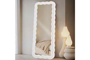 LunaMirror Wavy Full Length Mirror 160x60 CM Full Body Wall Mounted Floor Mirror with Stand Ivory Flannel Frame Leaning Hanging Wall for Bedroom Entrance