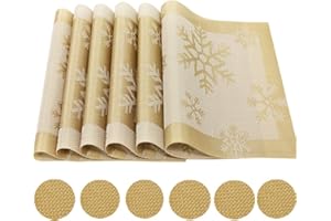 Time to Sparkle Set of 12 PCS Vinyl Woven 6pcs Placemats + 6pcs Coasters Place Mats Non slip Table Mats Waterproof Heat-resistant Dining Table Mats Decor(Gold Snowflake)