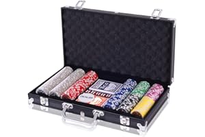 COSTWAY Poker Chips, Set da Poker con 300 Chips, Incluse 2 Carte da Poker 5 Dadi 1 Pulsante, Valigetta in Alluminio, Due Colori Disponibili (Nero)