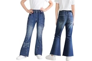 Domueay Filles Jeans Baggy Pantalon Jambe Large avec Haute Taille Élastique, Loose Fit Long Denim Jean Doux Mode Casual Enfants Vetement Décontracté Ado Streetwear pour 6-15 Ans