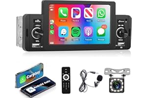 RIMOODY Radio de Coche 1 DIN con Apple Carplay Android Auto Bluetooth Manos Libres 5 Pulgadas Radio de Coche con Enlace Espejo Bluetooth FM USB AUX TF Control del Volante + Cámara de Visión Trasera Micrófono
