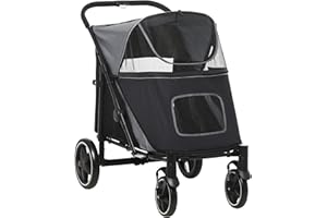 PawHut Dog Stroller, Foldable Pet Pram Dog Pushchair Buggy with Adjustable Canopy for Medium and Large Breeds, Black