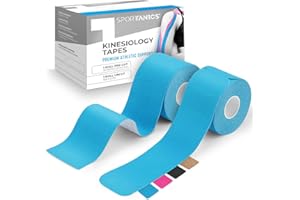 sportanics® Taśma kinezjologiczna – taśmy kinezjologiczne, 1 x bezkońcowe 500 x 5 cm i 1 x wstępnie przycięte 25 sztuk (20 x 5 cm), bardzo elastyczne i wodoodporne, taśma sportowa, taśmy fizjoterapeutyczne do mięśni, niebieska [2 rolki]