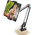 AboveTEK Sturdy iPad Holder, Aluminum Long Arm iPad Tablet Mount, 360° Swivel Tablet Stand & Phone Holder with Bracket Cradle Clamps 4-11" Devices for Kitchen Bedside Office Desk Showcase Display