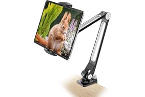 AboveTEK Solidny uchwyt na tablet, aluminiowy uchwyt na tablet z długim ramieniem, obracany o 360° stojak na tablet i uchwyt na telefon z uchwytem zaciskami 4-11 cali urządzenia do kuchni przy łóżku