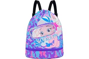 VOICI ET VOILA Mochila con cordón, bolsa de natación, bolsa de deporte, bolsa de playa, bolsa de compras para niñas y niños con compartimento húmedo, almacenamiento separado zapatos, gafas de protección