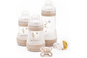 MAM Welcome to The World Set | Baby Gift Set with 3X Feeding Bottles, 0-2 Month Soother and MAM Dummy Clip | Baby Accessories for Newborn | Grey (Various Designs)