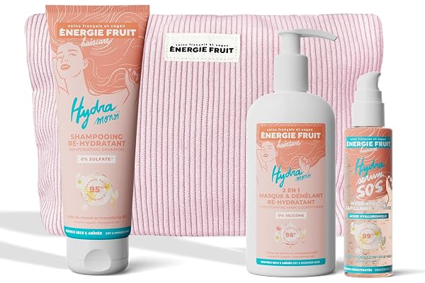 ENERGIE FRUIT - Coffret cadeaux routine capillaire cheveux secs abîmés - Monoi et acide hyaluronique - Trio shampooing réhydratant, masque hydratant, sérum protecteur - Trousse offerte