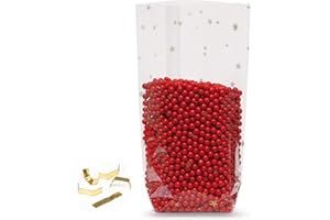 Elke Plastic Kreuzbodenbeutel 30 mµ mit 100 Clipse I Plätzchentüten Weihnachten I Weihnachtstüten zum Befüllen I Zellophan Tüten I Bodenbeutel Weihnachten (115x190 + Clipse 100 Stück, Sternen)