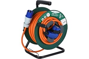 Electraline 49208 Prolunga in gomma con Avvolgicavo 25M per camper, campeggio, caravan, IP44, 2 prese (industriale+Schuko), Spina CEE, Cavo H07RN-F 3G2.5mm, 25M, Camping, Verde