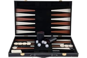 Engelhart – 250504 – Deluxe Backgammon Game 18” – Brown/Ivory – Open: 45.5 x 30.5 x 6 cm –Felt interior – Faux leather points – Metal clasps – 2 players – 5 dice, 2 cups matching checkers