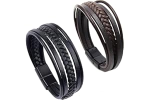 CAILIYA Pulsera Hombre,Pulsera de Cuero de Múltiples Capas Tejidas a Mano,Acero Pulsera Trenzada con Cierre Magnética Inoxidable,Gran Idea de Regalo para Novio,Padre,Marido (2 Piezas,Negro,Marrón)