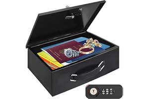 STRIXORN Tragbarer Feuerfeste Dokumentenbox mit Zahlencode und Schlüssel, Tresor für Zuhause mit Griff, Sichere Aufbewahrung für Medikamente Schmuck B5 Dokumente, 1.5 kg, Schwarz