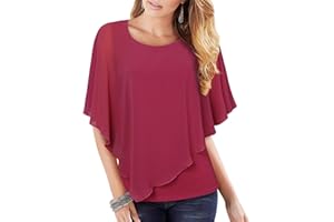 Vafoly Damen Chiffon Lose Fledermaus Bluse mit Kurzen Flatter ärmel Leichte Fließende Bluse Rundhalsausschnitt Doppellagige Poncho Tuniken