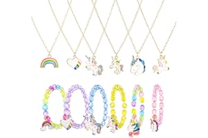 Pinenuts 12 Pcs Kids Jewellery Sets for Girls, Unicorn Bracelet and Necklace, Colorful Friendship Bracelets Rainbow Beaded Bracelet Necklace for Kids Girls Birthday Party Favors(Crystal style)
