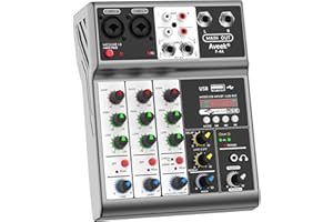 Aveek 4-Channel Audio Mixer, Mixing Sound Board with USB Bluetooth Reverb Delay Effect, 48 V Input, Phantom Power Stereo DJ Mixer for Recording, Live Streaming